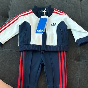 adidas Navy White Track Jacket and Pants with Red Stripe Accents